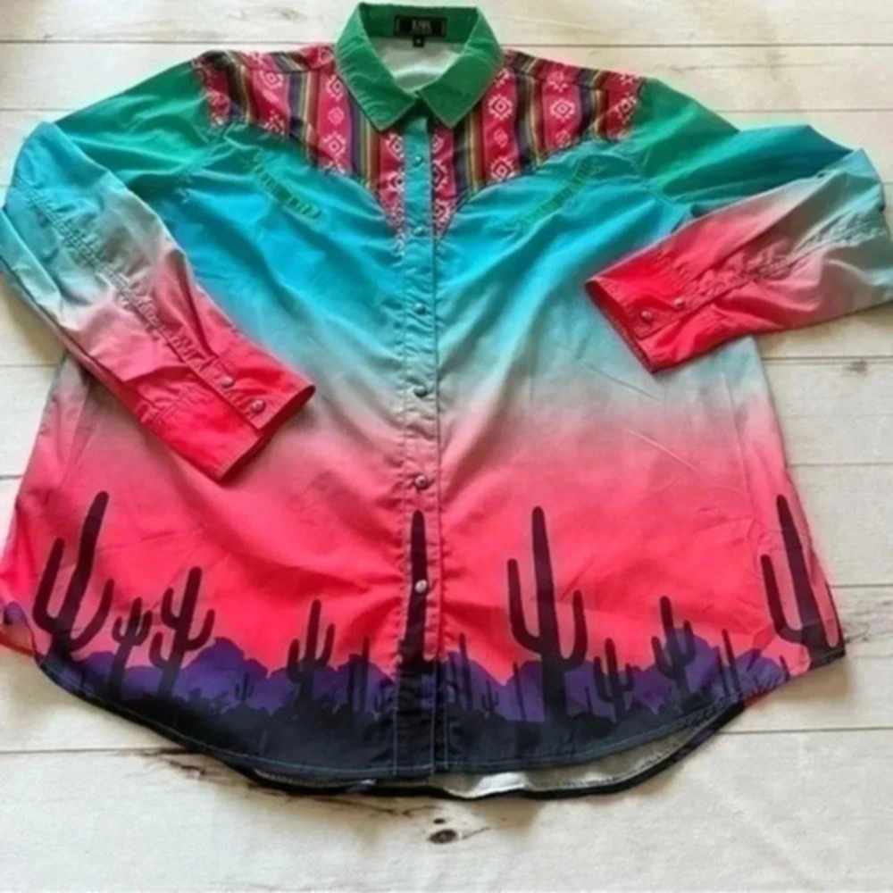 L&B Lucky and Blessed Mens 3X Western Cactus multicolored Snap Buttons Up Shirt